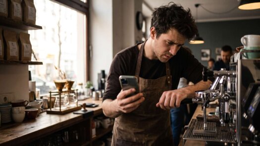Caféinhaber prüft besorgt seine Banking-App hinter dem Tresen