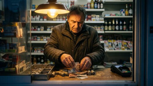 Kioskbesitzer zählt abends Münzen und Scheine an seiner Kasse