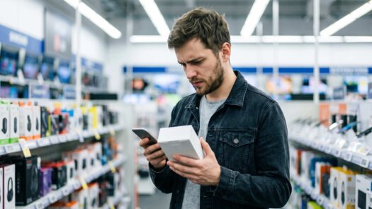 Mann vergleicht im Elektronikmarkt eine Kartenleser-Verpackung mit seinem Smartphone