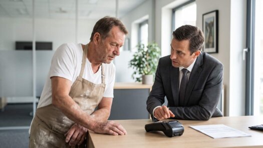 Bäcker im Beratungsgespräch mit einem Bankberater, Kartenterminal auf dem Tisch