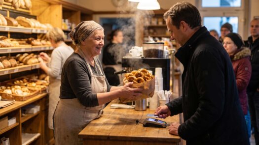 Bäckereiverkäuferin reicht die Brezeltüte, während der Kunde mit Karte zahlt