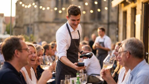 Kellner bringt Gästen auf der Restaurant-Terrasse das mobile Kartenterminal