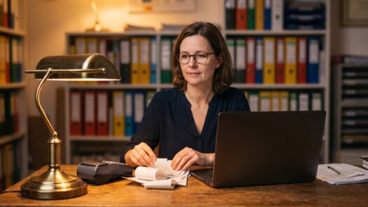 Caféinhaberin sortiert abends Zahlungsbelege neben Laptop und Kartenterminal