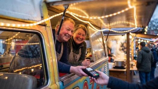 Foodtruck-Paar reicht einem Kunden das mobile Kartenterminal aus dem Fenster