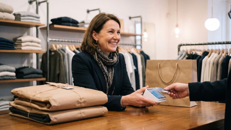 Boutique-Inhaberin kassiert mit einem kleinen weißen Kartenleser