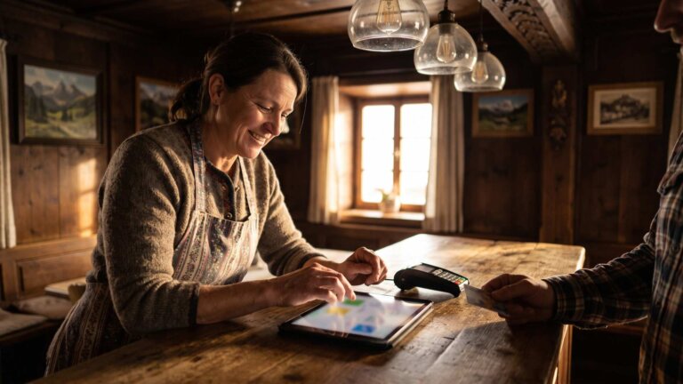 Wirtin tippt eine Bestellung am Kassen-Tablet, Gast hält seine Karte bereit