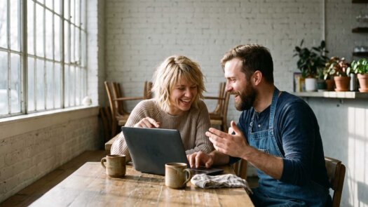 Gastronomen-Paar vergleicht am Laptop Kartenzahlungs-Anbieter