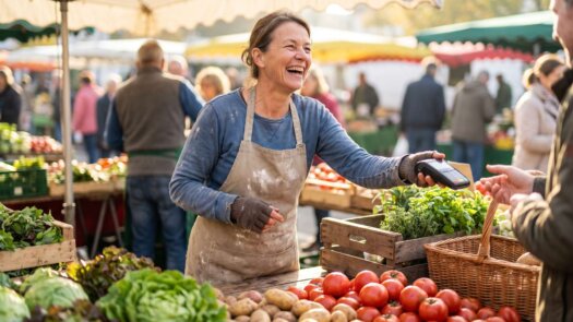 Marktverkäuferin reicht einem Kunden ein mobiles Kartenlesegerät