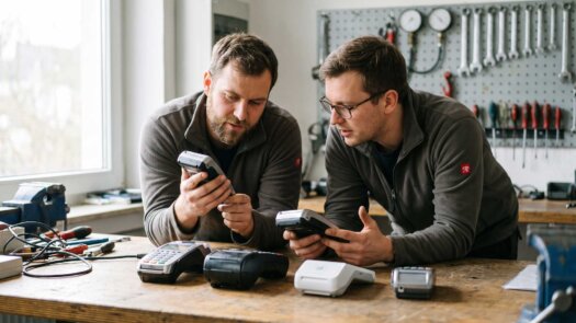 Zwei Kollegen testen verschiedene Kartenlesegeräte in der Werkstatt