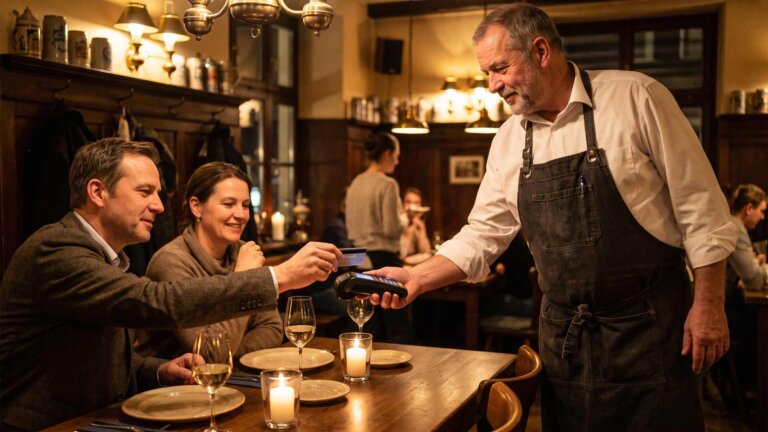 Kellner bringt das Kartenterminal an den Tisch im Restaurant
