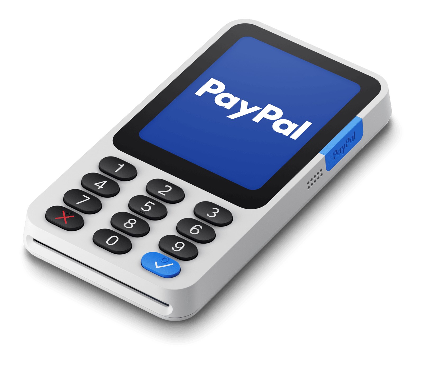 PayPal Reader, das aktuelle Kartenlesegerät von PayPal Zettle, mit Tastenfeld und PayPal-Logo auf dem Display