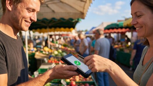 Marktstand-Verkäufer nimmt eine Kartenzahlung direkt am iPhone entgegen